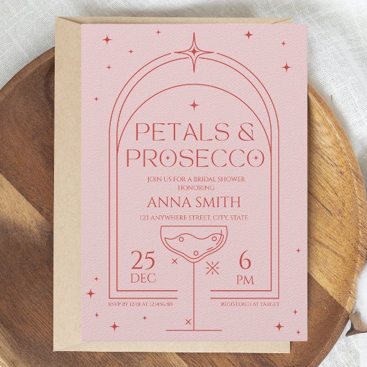 Petals & Prosecco Retro Roze Rood Vrijgezellenfees Kaart