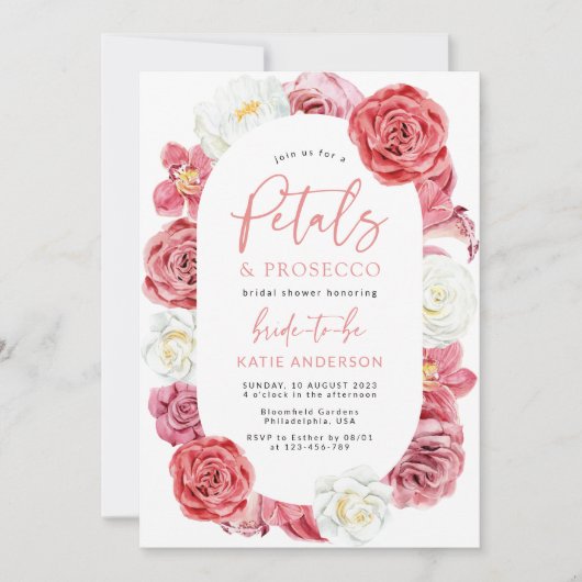 Petals & Prosecco Roze Bloemen Roos Vrijgezellenfe Kaart (Voorkant)