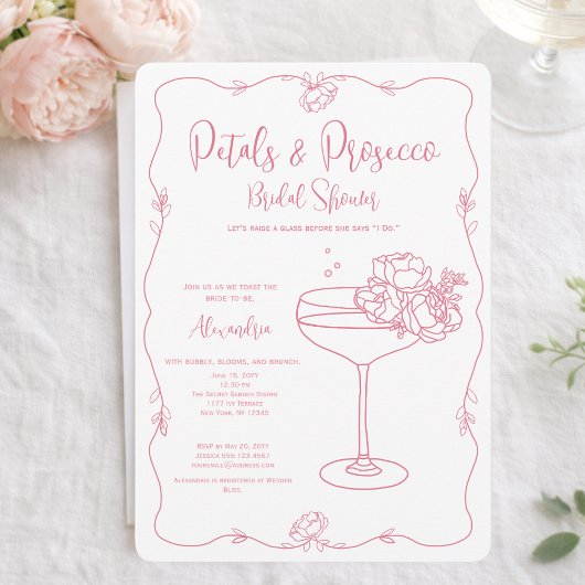 Petals Prosecco Roze Hand Getekende Bruiloftsdouch Kaart