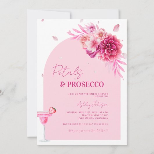 Petals & Prosecco Roze Script Bloemen Vrijgezellen Kaart (Voorkant)
