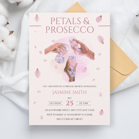 Petals & Prosecco Roze Waterverf Vrijgezellenfeest Kaart