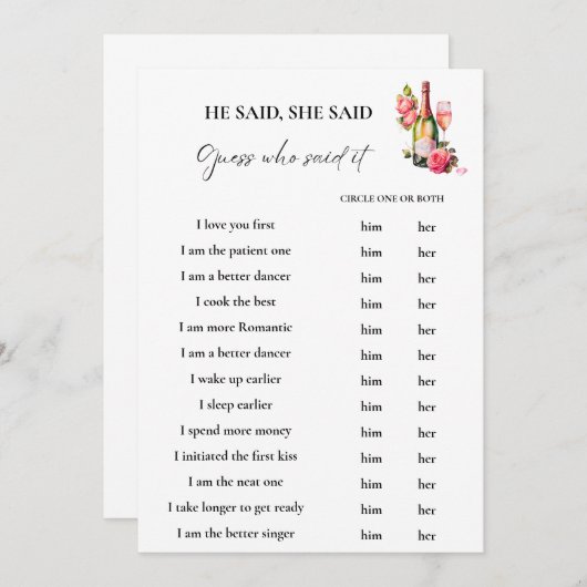 Petals zei hij dat ze Vrijgezellenfeest Game Kaart (Voorkant / Achterkant)