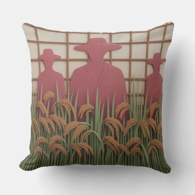 Petani Rijst Snijdt 3d Batik Motief Kussen (Voorkant)
