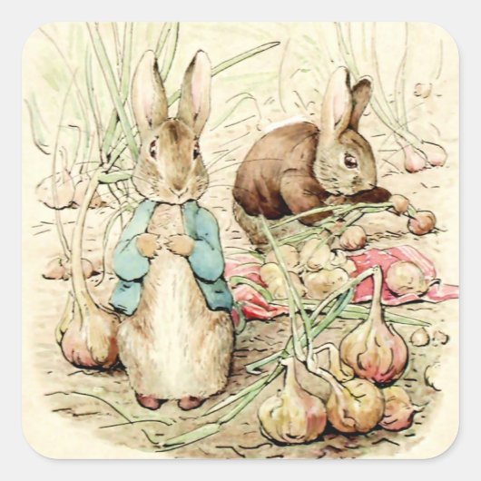 Peter & Benjamin Gather Onions by Beatrix Potter Vierkante Sticker (Voorkant)