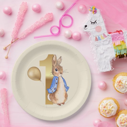 Peter de Konijn 1e Verjaardag gouden ballon Papieren Bordje (Feest)