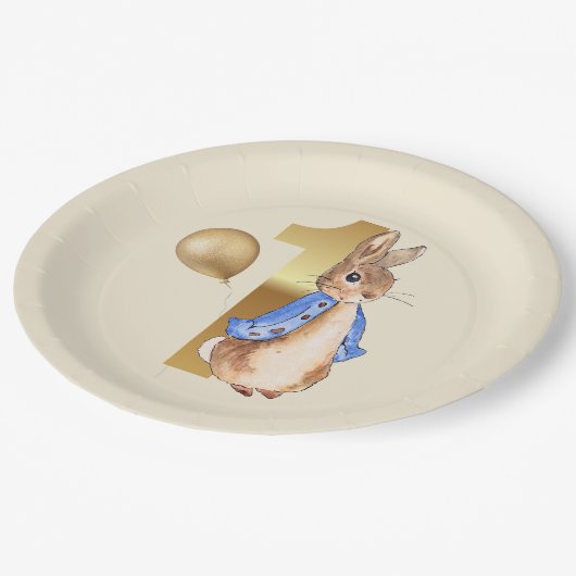 Peter de Konijn 1e Verjaardag gouden ballon Papieren Bordje (Gekanteld)