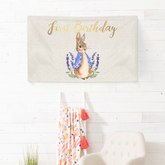 Peter de Konijn beige linnen 1e verjaardag Spandoek (Insitu)