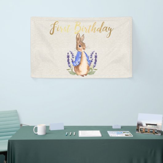 Peter de Konijn beige linnen 1e verjaardag Spandoek (Beurs)