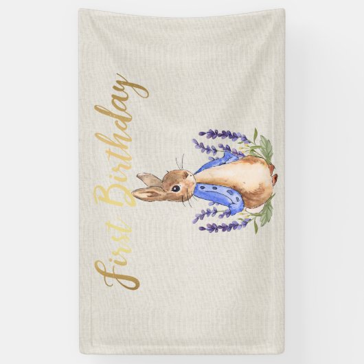 Peter de Konijn beige linnen 1e verjaardag Spandoek (Verticaal)