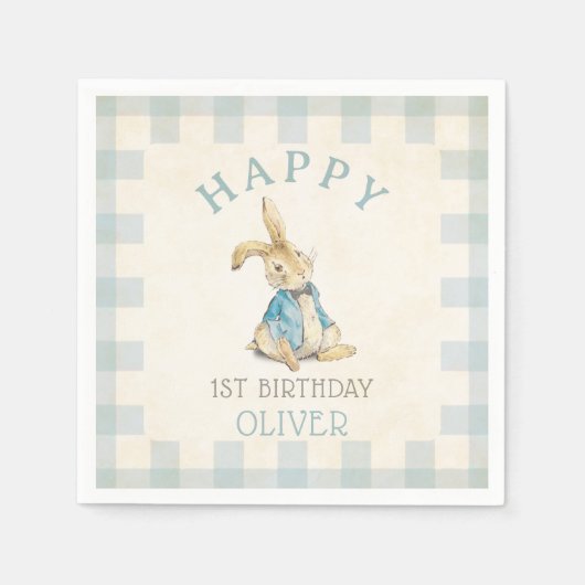  Peter De Konijn Blauw Gingham 1e Verjaardag Servet (Voorkant)