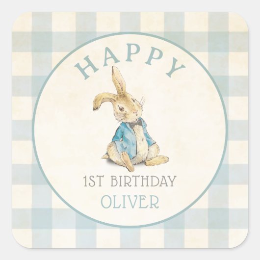 Peter De Konijn Blauw Gingham 1e Verjaardag Vierkante Sticker (Voorkant)