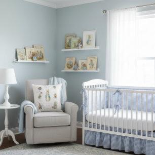 Peter de Konijn Blauwe Gingham Geboortestatistieke Kussen