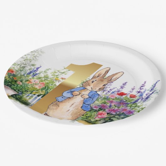 Peter de Konijn bloementuin Eerste Verjaardag Papieren Bordje (Gekanteld)