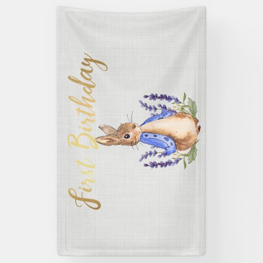 Peter de Konijn grijs linnen 1e Verjaardag Spandoek (Verticaal)