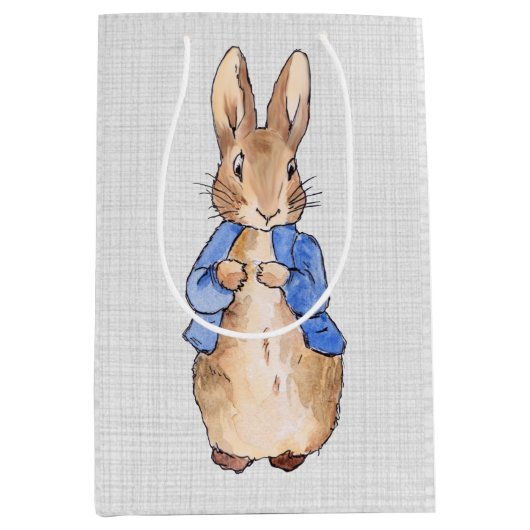 Peter de konijn grijs linnen achtergrond medium cadeauzakje (Voorkant)