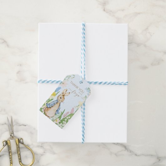 Peter de Konijn Lente Bloeit Blauw Baby shower Cadeaulabel (Met Touw)