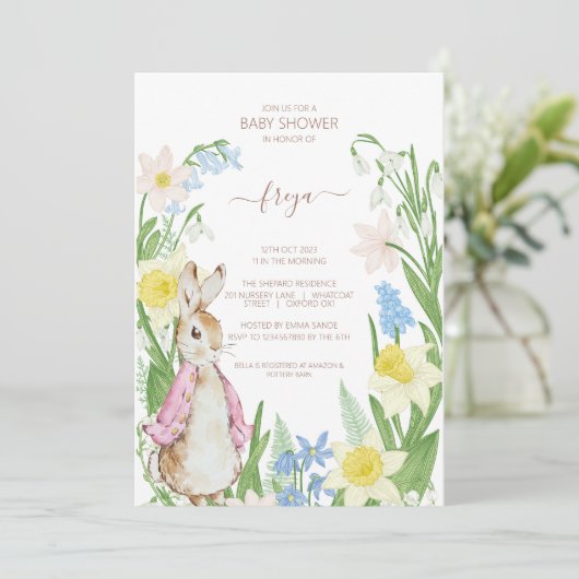 Peter de Konijn Lente Bloeit Roze Baby shower Kaart (Staand voorkant)