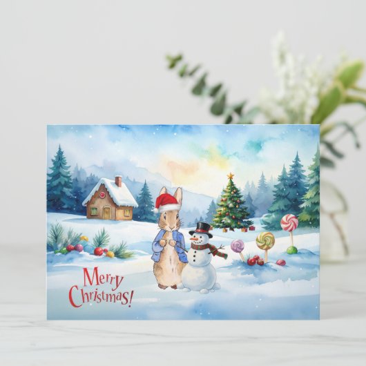 Peter de konijn peperkoekhuis feestdagenkaart (Staand voorkant)