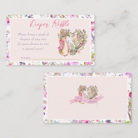 Peter de Konijn Roze Bloemen Meisje Baby shower En Informatiekaartje (Voorkant / Achterkant)
