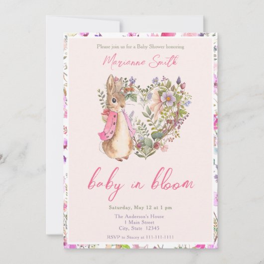 Peter de Konijn Roze Bloemen Meisje Baby shower Kaart (Voorkant)