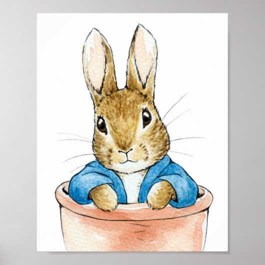 Peter de Konijn zittend in een bloempot Poster (Voorkant)