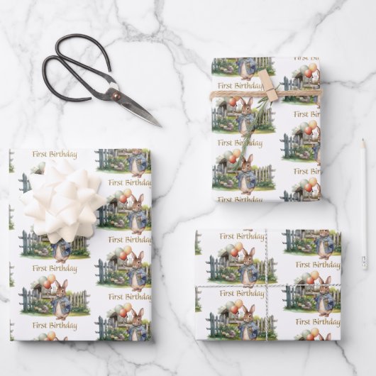 Peter de konijnenballonnen Eerste Verjaardag Inpakpapier Vel (Voorkant)
