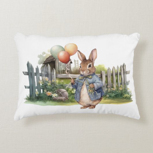 Peter de konijnenblauwe jas met ballonnen accent kussen (Voorkant)