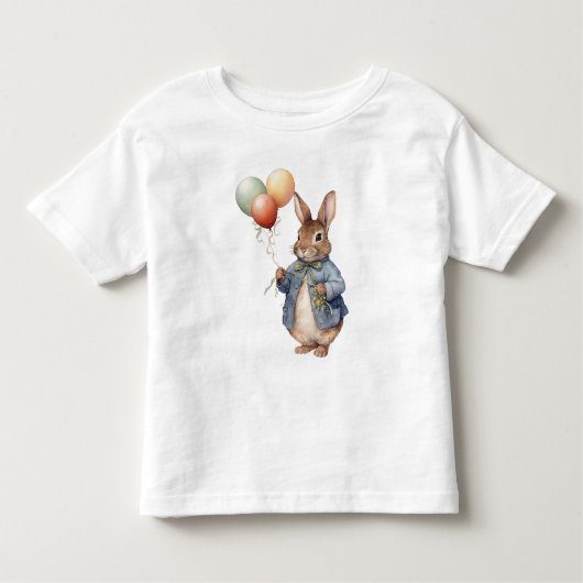 Peter de konijnenblauwe jas met ballonnen kinder shirts (Voorkant)