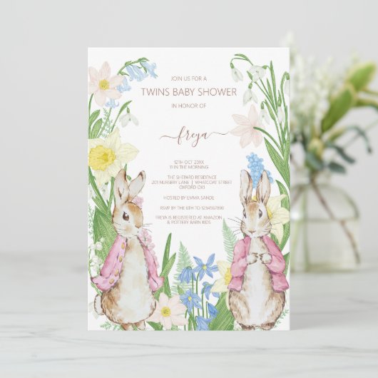 Peter de Konijnentweeling Bloeit Roze Baby shower Kaart (Staand voorkant)