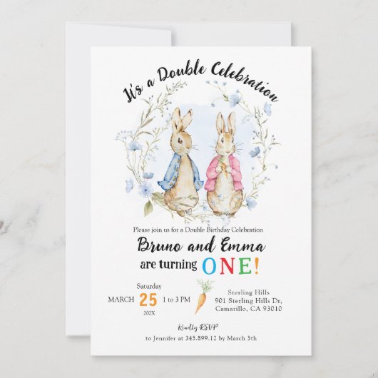 Peter en Flopsy Konijn Broers en Zussen Verjaardag Kaart (Voorkant)