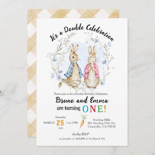 Peter en Flopsy Konijn Broers en Zussen Verjaardag Kaart (Voorkant / Achterkant)