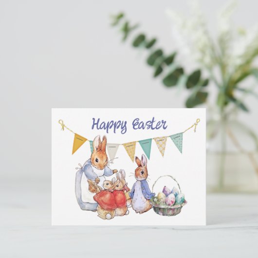 Peter en Josephine Bunny Easter Eggs Feestdagenkaart (Staand voorkant)