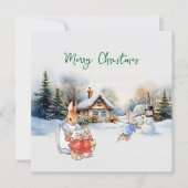 Peter het konijn en een sneeuwman feestdagenkaart (Voorkant)