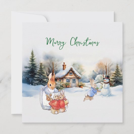 Peter het konijn en een sneeuwman feestdagenkaart (Voorkant)