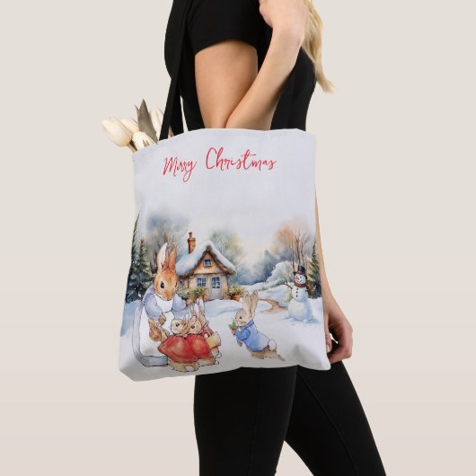 Peter het konijn en een sneeuwman Vrolijk kerstfee Tote Bag (Dichtbij)