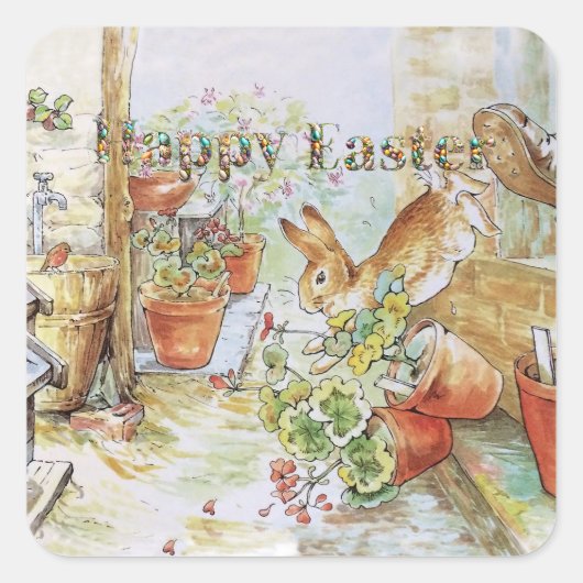 Peter het konijn Gelukkig Pasen Vierkante Sticker (Voorkant)