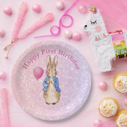 Peter het Konijn gelukkige eerste verjaardag Roze Papieren Bordje (Feest)