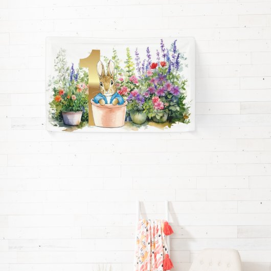 Peter het Konijn in de tuin Eerste verjaardag Spandoek (Insitu)