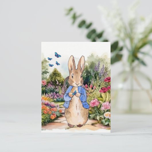 Peter het konijn in de tuin met blauwe vlinders briefkaart (Staand voorkant)
