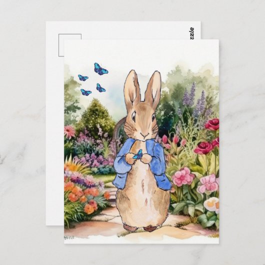 Peter het konijn in de tuin met blauwe vlinders briefkaart (Voorkant / Achterkant)