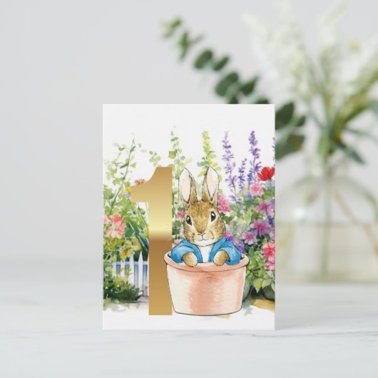 Peter het konijn in een pot eerste verjaardag briefkaart (Staand voorkant)
