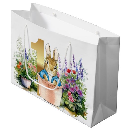 Peter het konijn in een pot eerste verjaardag groot cadeauzakje (Voorkant Gekanteld)