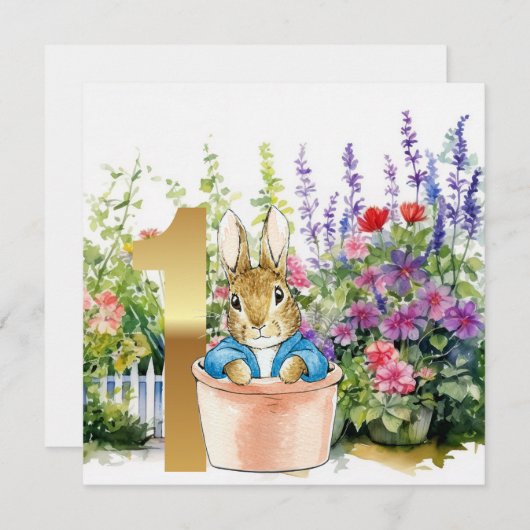 Peter het konijn in een pot eerste verjaardag kaart (Voorkant / Achterkant)