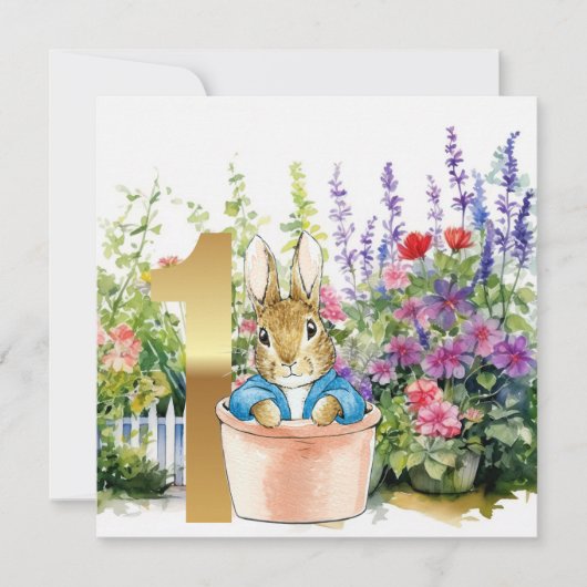 Peter het konijn in een pot eerste verjaardag kaart (Voorkant)