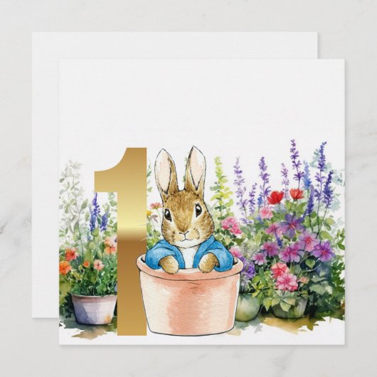 Peter het konijn in een pot eerste verjaardag kaart (Voorkant / Achterkant)