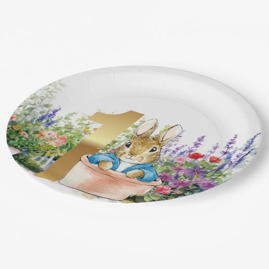 Peter het konijn in een pot eerste verjaardag papieren bordje (Gekanteld)