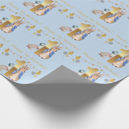 Peter het Konijn & Jemima 1e Gelukkige Verjaardag Cadeaupapier (Hoek)