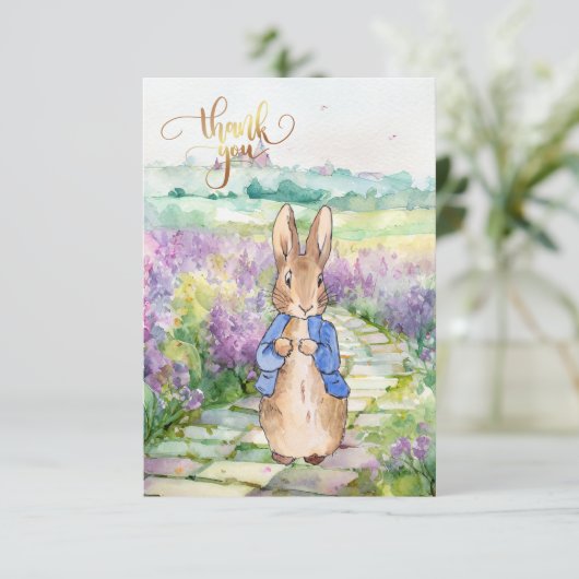 Peter het Konijn met aquarel lilla's Bedankkaart (Staand voorkant)