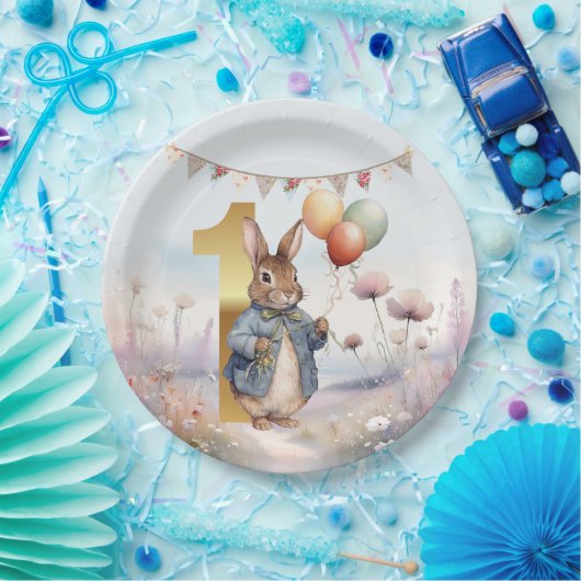 Peter het konijn met ballonnen Eerste verjaardag Papieren Bordje (Feest)