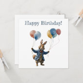 Peter het konijn met ballonnen Happy Birthday Kaar Kaart (Voorkant / Achterkant in situ)